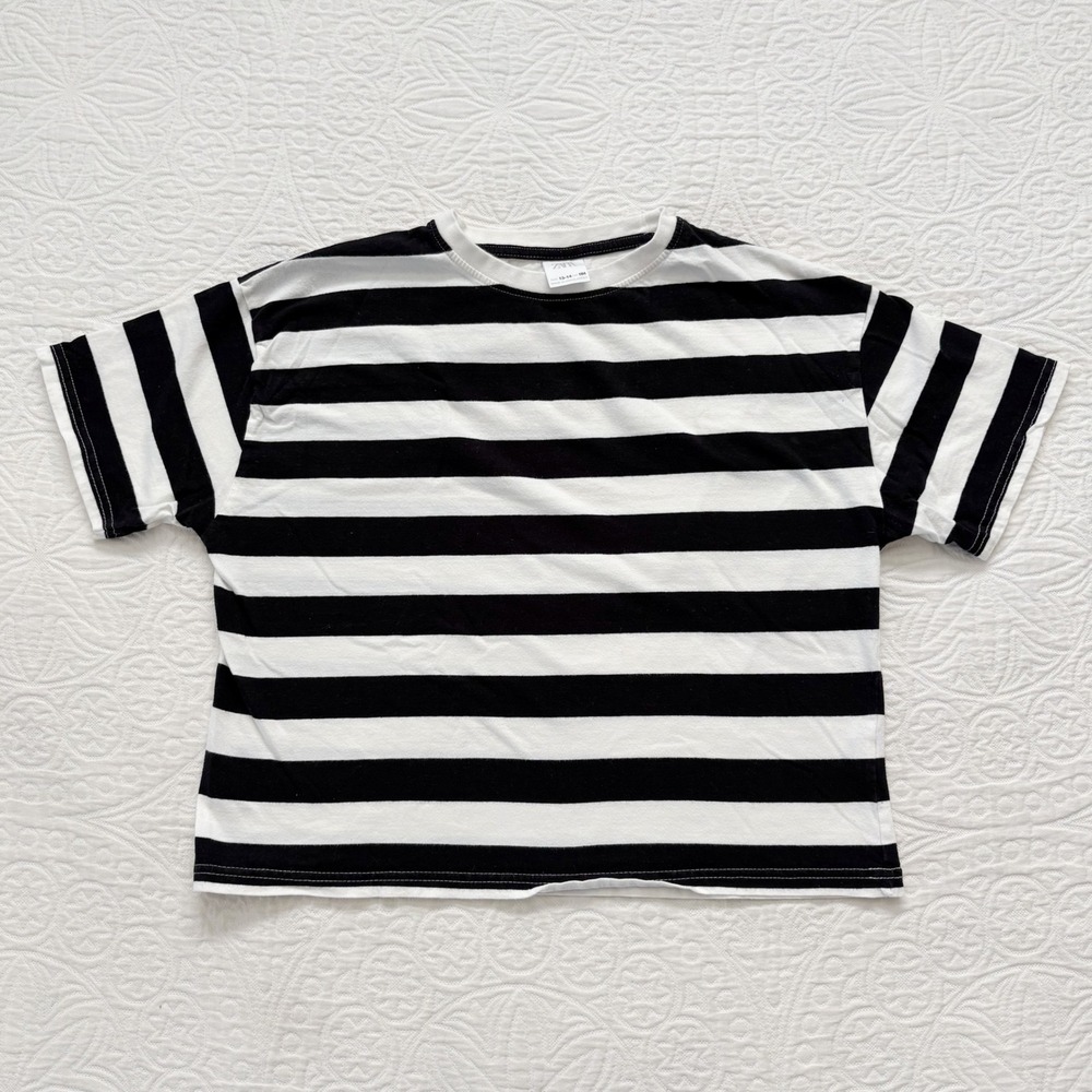 Zara Girls' Black and White Striped Boxy Cotton T-Shirt Sz 13-14